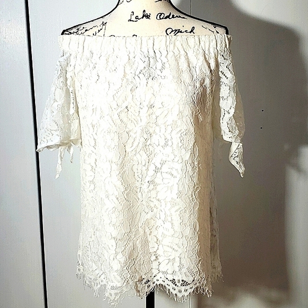 Lulus| White Lace Strapless Top Tie Sleeve Cottagecore Neutral Feminine Sz.M
